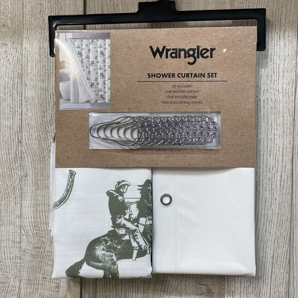 Wrangler Shower Curtain Set 14pc Desert Horse Cactus White Green Cowboy Boot New